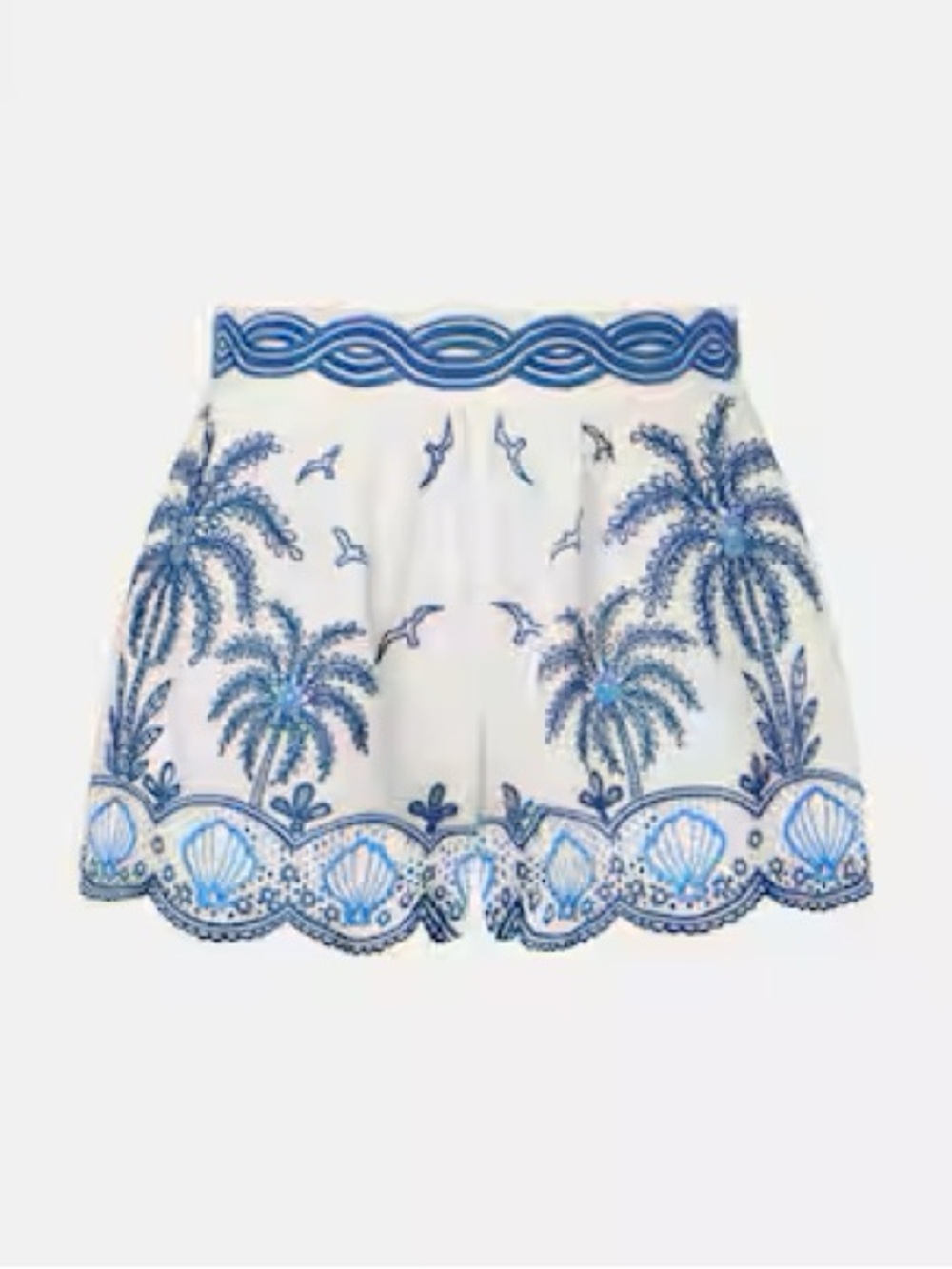 FARM Rio White Shorts with Blue Palm & Shell Embroidery